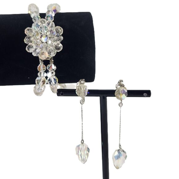 Bracelet & Dangle Earrings Set AB Crystal Bead Double Strand Wedding VTG Jewelry - Picture 1 of 13
